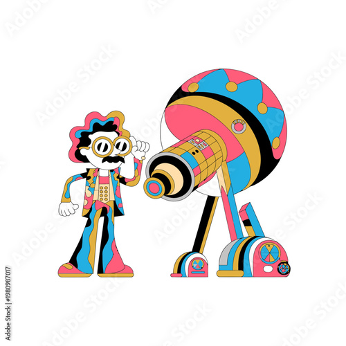 Cartoon Man Looking Through Telescope on Tripod