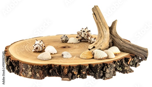 A rustic still life composed of seashells and driftwood arranged on a wooden slice, isolated against a white background