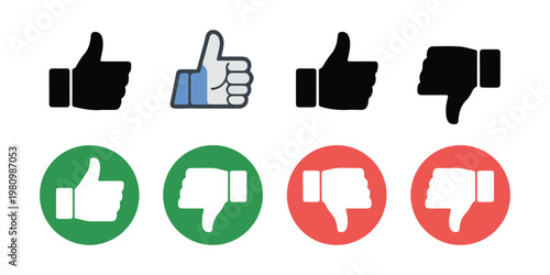 Set of like and dislike vector icons in various styles, including thumbs up and thumbs down.