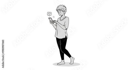 A casual woman is engrossed in her smartphone, with a notification bubble above it, suggesting digital communication or social media engagement