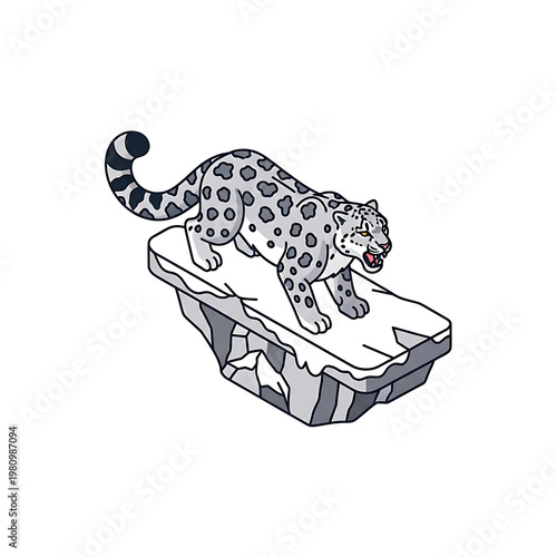 3D isometric vector illustration of a snow leopard balancing on ice block isolated on transparent background