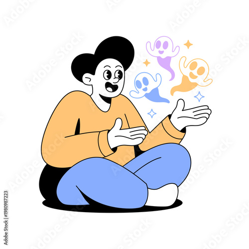 Woman Releasing Colorful Ghosts while Sitting Cross-Legged on Floor