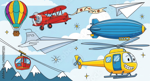 Collection of cartoon aircraft and flying objects in the sky.
