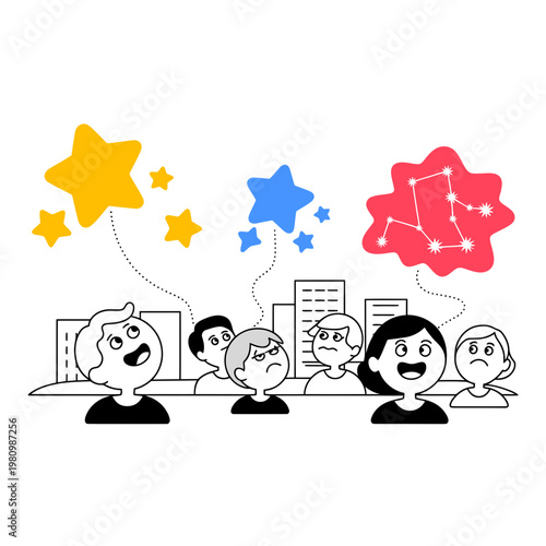 Diverse Group of People Thinking with Colorful Stars Above Heads in City Office