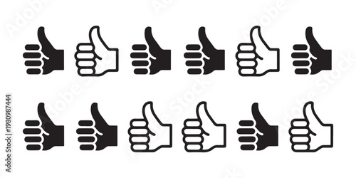 Variety of thumbs up vector icons in filled and outline black styles, suitable for various design projects.
