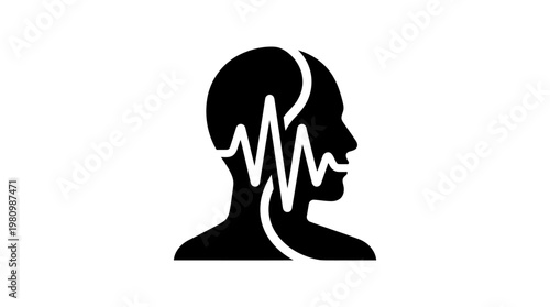 Black and White Glyph Icon of a Human Head with Sound Wave, Representing Audio, Voice, or Music