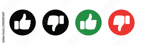 Collection of white thumbs up and thumbs down icons on black green and red circles, representing likes and dislikes.