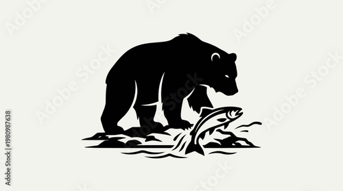 Black Silhouette of a Bear Catching a Salmon in Water, Vector Illustration, Wildlife Art
