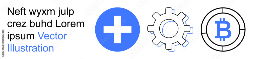 Obraz premium Healthcare, technology, cryptocurrency, digital currency, blockchain, financial services. A blue cross, gear icon and Bitcoin symbol on a clean layout. Healthcare and technology concept