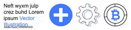 Healthcare, technology, cryptocurrency, digital currency, blockchain, financial services. A blue cross, gear icon and Bitcoin symbol on a clean layout. Healthcare and technology concept