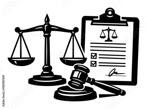 Representing the legal system with symbolic icons: scales of justice, a judge's gavel, and a clipboard with a legal document