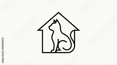 Black and white line art logo of a cat inside a house symbol, representing pet care or animal shelter