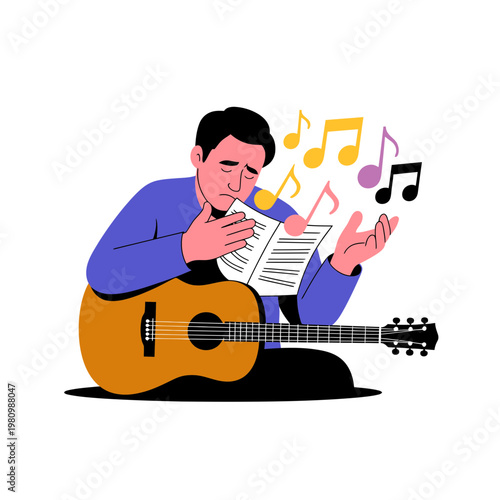 Man Playing Guitar and Singing with Music Notes