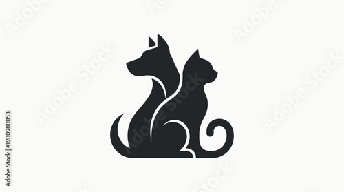 Minimalist black silhouette logo of a dog and cat sitting back to back, vector art