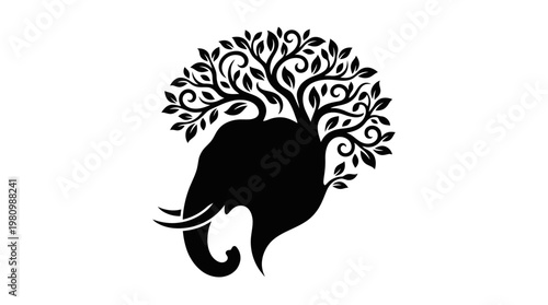 Black and white silhouette of an elephant's head with a tree growing from its crown.