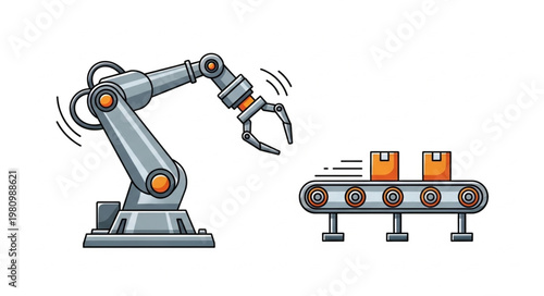Industrial robotic arm and conveyor belt with boxes.