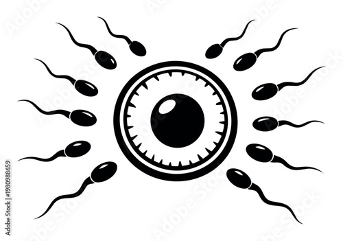 Sperm cells swimming towards an ovum, illustrating the biological process of fertilization, conception, and the start of pregnancy