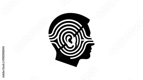 Black and White Glyph Icon of Human Head with Ear and Sound Waves, Representing Hearing, Audio, and Communication