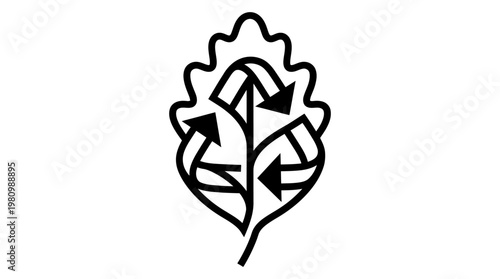 Eco-friendly nature leaf icon with recycling arrows, black and white line art, sustainable business symbol