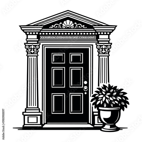 Main entry door featuring classical architectural elements with columns and pediment, representing government, home, or business