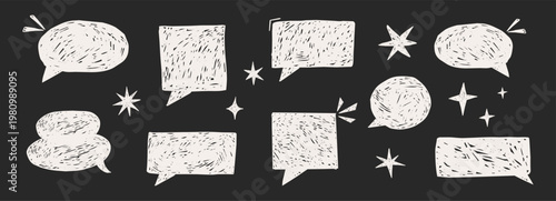 Speech bubble white crayon scribble doodle frames on blackboard. Text box chalk texture comic talk balloon in sketch style. Pencil dialog balloon,