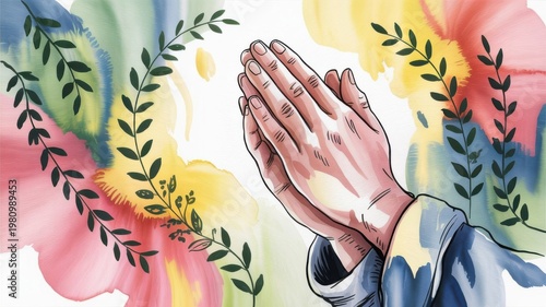 Hands Are Clasped Together in Prayer Surrounded by Colorful Flowers and Leaves in a Vibrant Setting