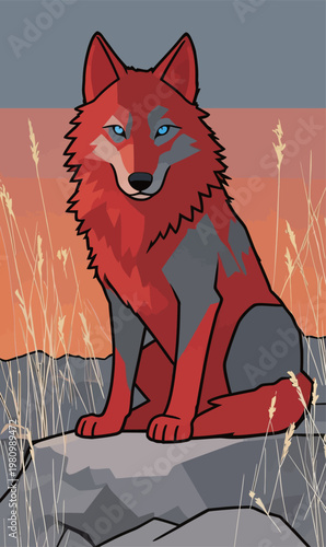 Stylized Red Wolf Illustration in Sunset Landscape