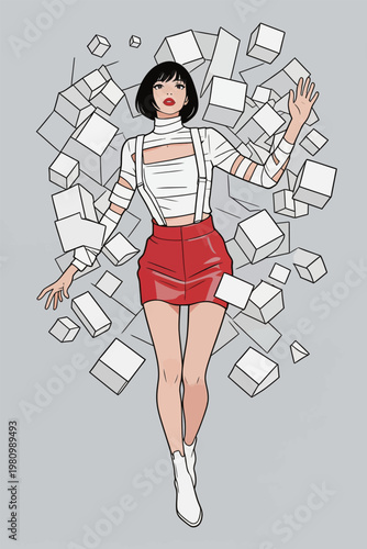 Fashionable Woman with Cubes Surrounding Illustration
