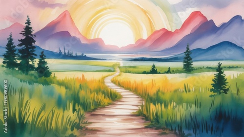 Watercolor Landscape With Pathway Leading to Mountains and Sunset in the Background