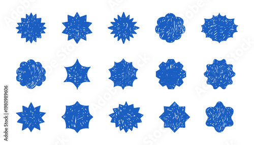 Starburst labels, blue price tags crayon scribble texture, discount badge set. Sale circle sticker. Wavy, scallop edge promo blank. 