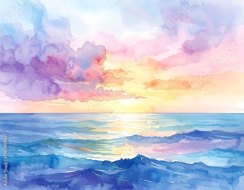 Watercolor wash painting of a seascape with blue waves under a colorful sunset sky