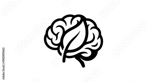 Black and White Line Art Brain with Leaf Icon Symbolizing Natural Intelligence and Growth