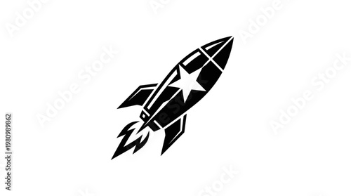 Black  White Glyph Icon of a Rocket Ship with a Star, Launching Upwards for Space Exploration and Technology Themes