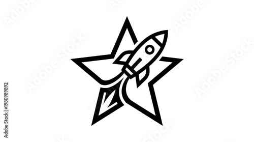 Black and White Line Art Rocket Launching Through a Star - Technology  Innovation Icon