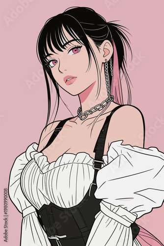 Anime Girl with Pink Highlights and Fashionable Outfit