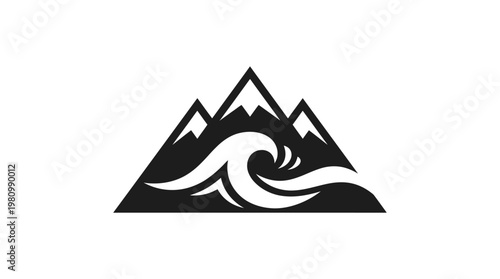 Black and white mountain and wave icon, representing adventure and nature, vector graphic art