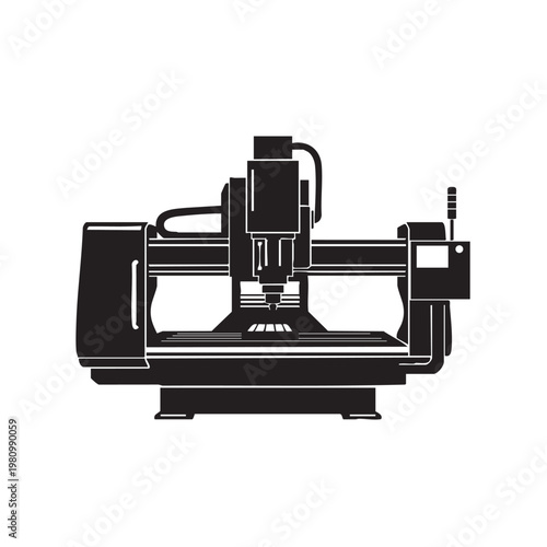 Professional cnc router machine silhouette for woodworking and metal manufacturing design industrial automation equipment icon profile precision engineering tool vector illustration for factory work.
