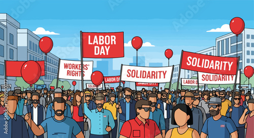 A diverse crowd marching in city protest with Labor Day banners and red balloons