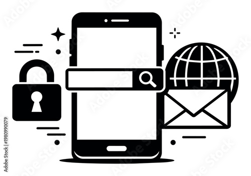 Mobile phone displaying a search bar, surrounded by a padlock, globe, and envelope, representing secure global online communication