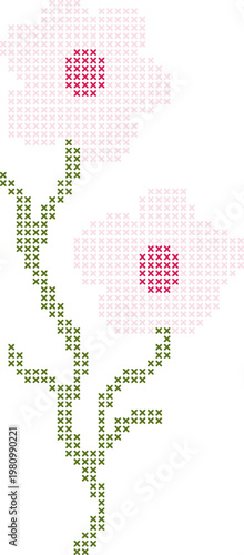 Bild auf Leinwand Colorful Cross Stitch Floral Motifs, Embroidery Style Pixel Flowers, Needlework
