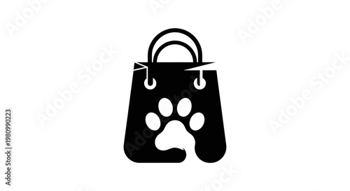 Black  White Glyph Icon of a Shopping Bag with a Paw Print, Pet Store E-commerce Symbol