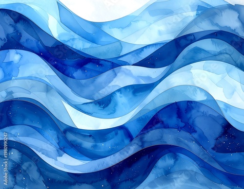 Watercolor waves in blue tones create a fluid, abstract pattern