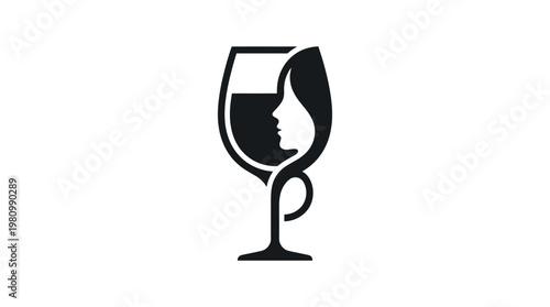 Elegant Wine Glass Silhouette with Woman's Profile Face, Minimalist Glyph Logo for Wine Industry