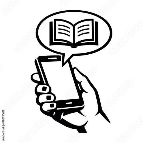 Hand holding a mobile phone with an e-book icon in a chat bubble, symbolizing online education, digital library, and mobile reading