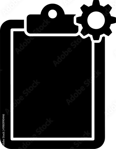 Clipboard with gear icon for settings and configuration  office supply symbol