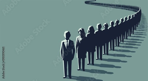 Long winding line of business professionals in suits with distinct shadows