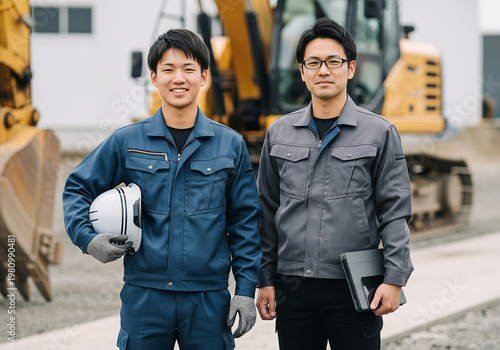 建設現場で働く若い作業員と施工管理の男性