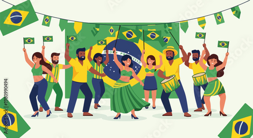 Diverse crowd celebrates Brazilian heritage with flags, drums, and dancing art