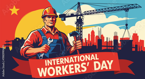 Flat style illustration of construction worker with helmet and tools at building site with cranes, highlighting Labor Day and International Workers Day appreciation for skilled labor