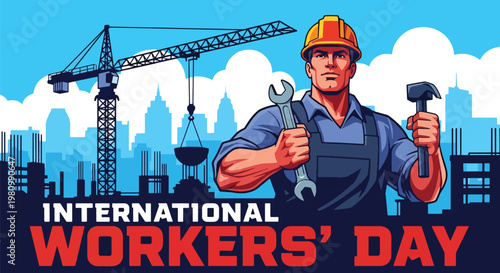 Flat style illustration of construction worker with helmet and tools at building site with cranes, highlighting Labor Day and International Workers Day appreciation for skilled labor